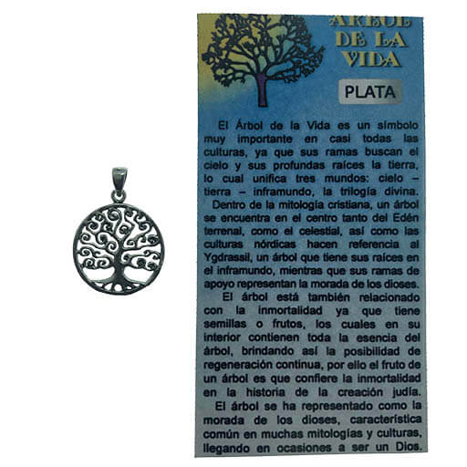 Colgante en plata arbol de la vida y folleto explicativo