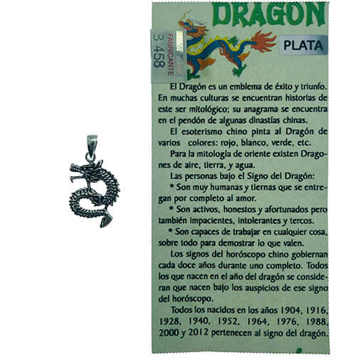 Colgante en plata Dragon y folleto informativo