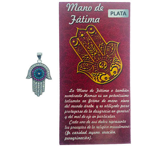 Colgante en plata Mano de Fatima con Mandala y folleto explicativo