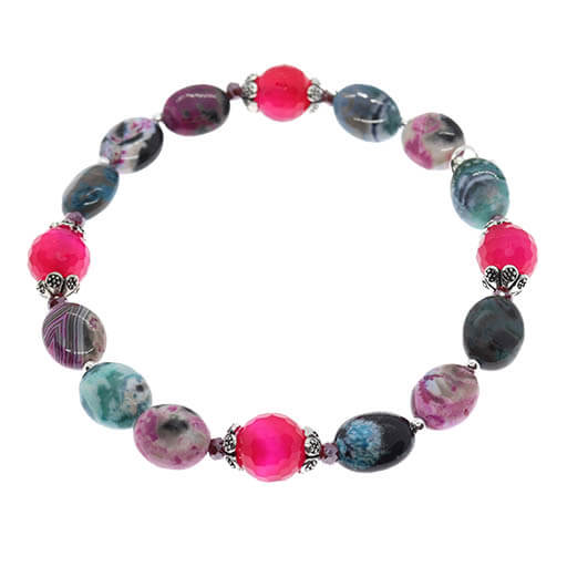 Pulsera kawaii Bandeada- Plata de Ley, Agata Fucsia y Multicolor